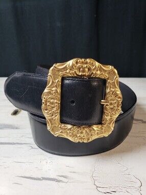 Brighton Leather Belt in Black w/ Baroque Style Square Buckle - size Medium